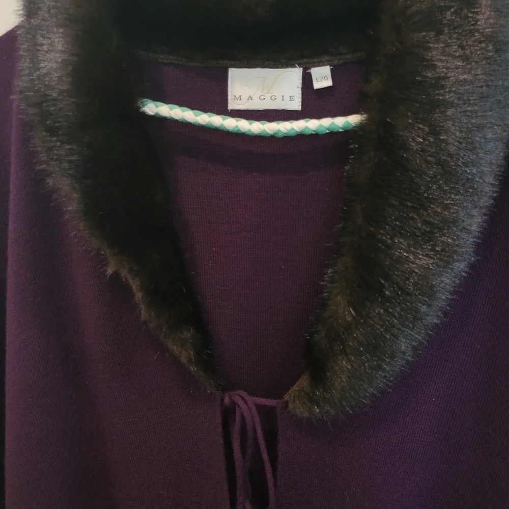 Womans Maggie Fine Knit Stylish Long Sweater Coat Faux Fur Collar L - Picture 8 of 11